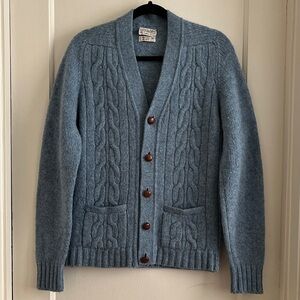 Vintage 60s 100% Wool Classic Blue Cable Knit Cardigan Sweater for Men